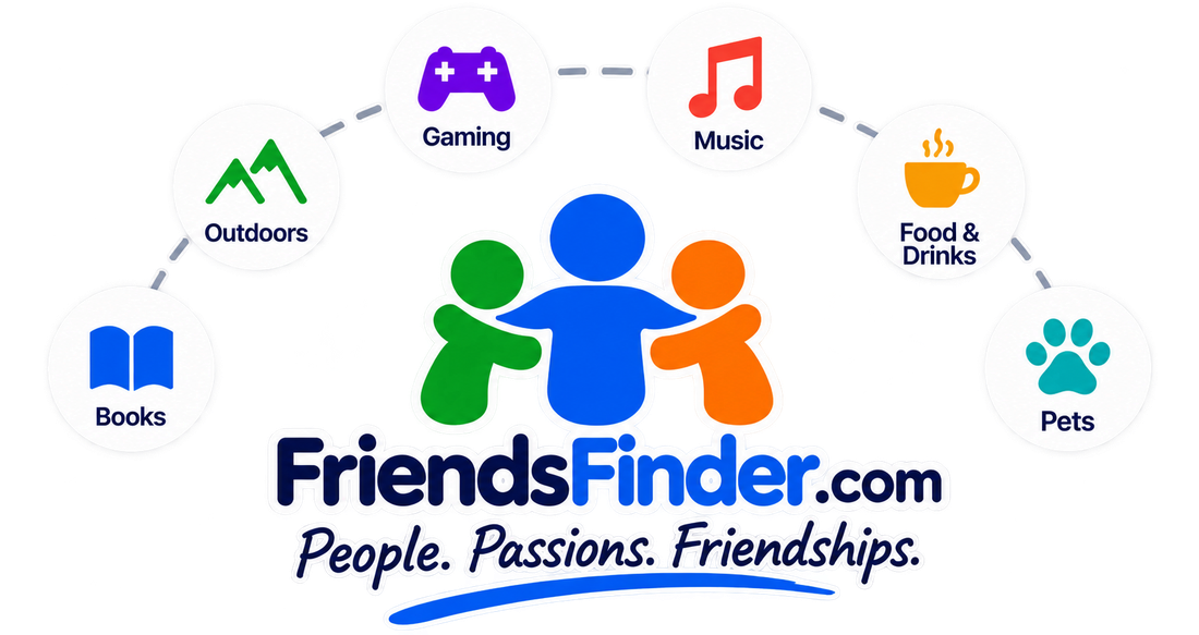 FriendsFinder interests: books, outdoors, gaming, music, food and drinks, and pets surrounding the FriendsFinder logo.